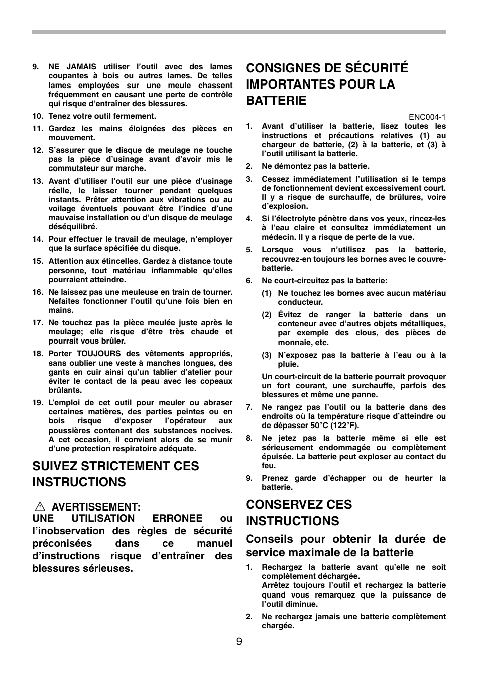 Suivez strictement ces instructions, Consignes de sécurité importantes pour la batterie, Conservez ces instructions | Makita 9500D User Manual | Page 9 / 20