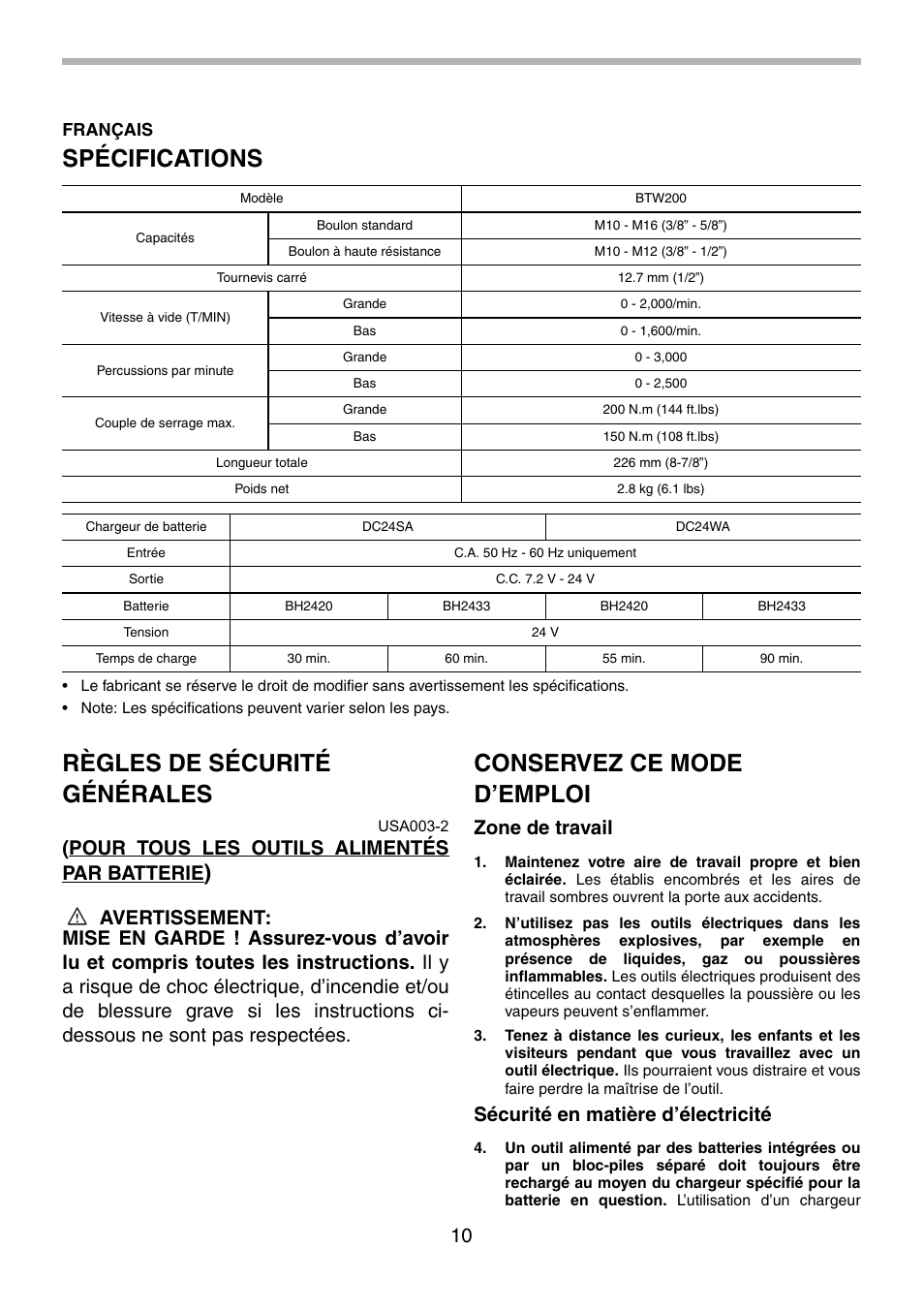 Spécifications, Règles de sécurité générales, Conservez ce mode d’emploi | Pour tous les outils alimentés par batterie, Zone de travail, Sécurité en matière d’électricité | Makita BTW200 User Manual | Page 10 / 28