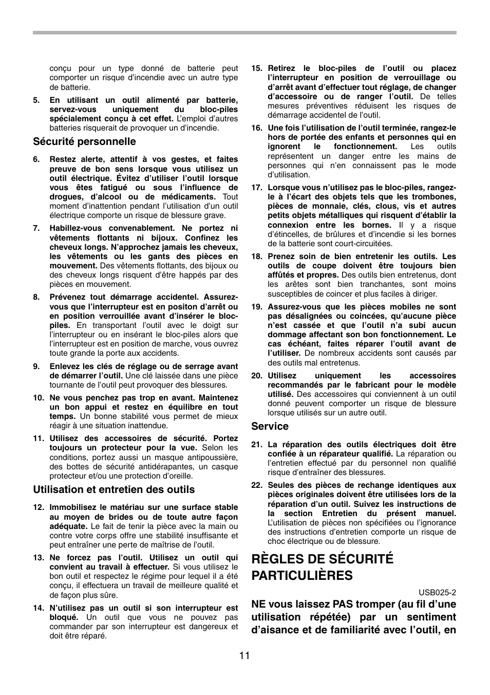 Règles de sécurité particulières, Sécurité personnelle, Utilisation et entretien des outils | Service | Makita BTW200 User Manual | Page 11 / 28