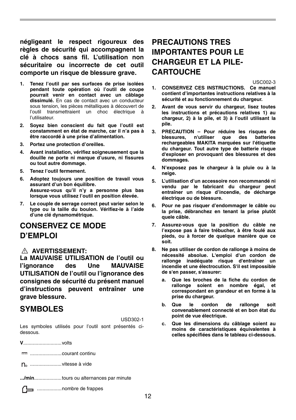 Conservez ce mode d’emploi, Symboles | Makita BTW200 User Manual | Page 12 / 28