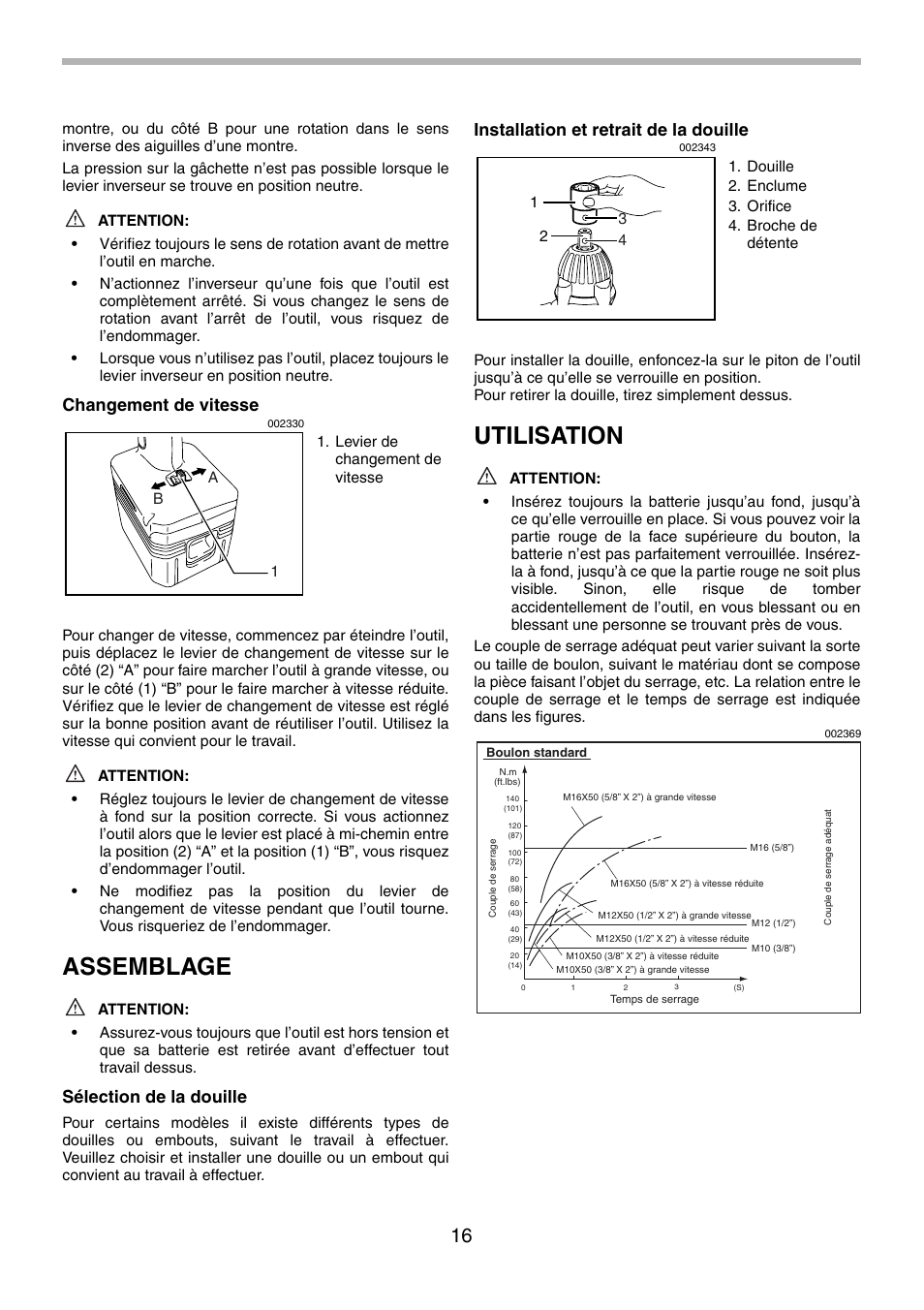 Assemblage, Utilisation, Changement de vitesse | Sélection de la douille, Installation et retrait de la douille | Makita BTW200 User Manual | Page 16 / 28