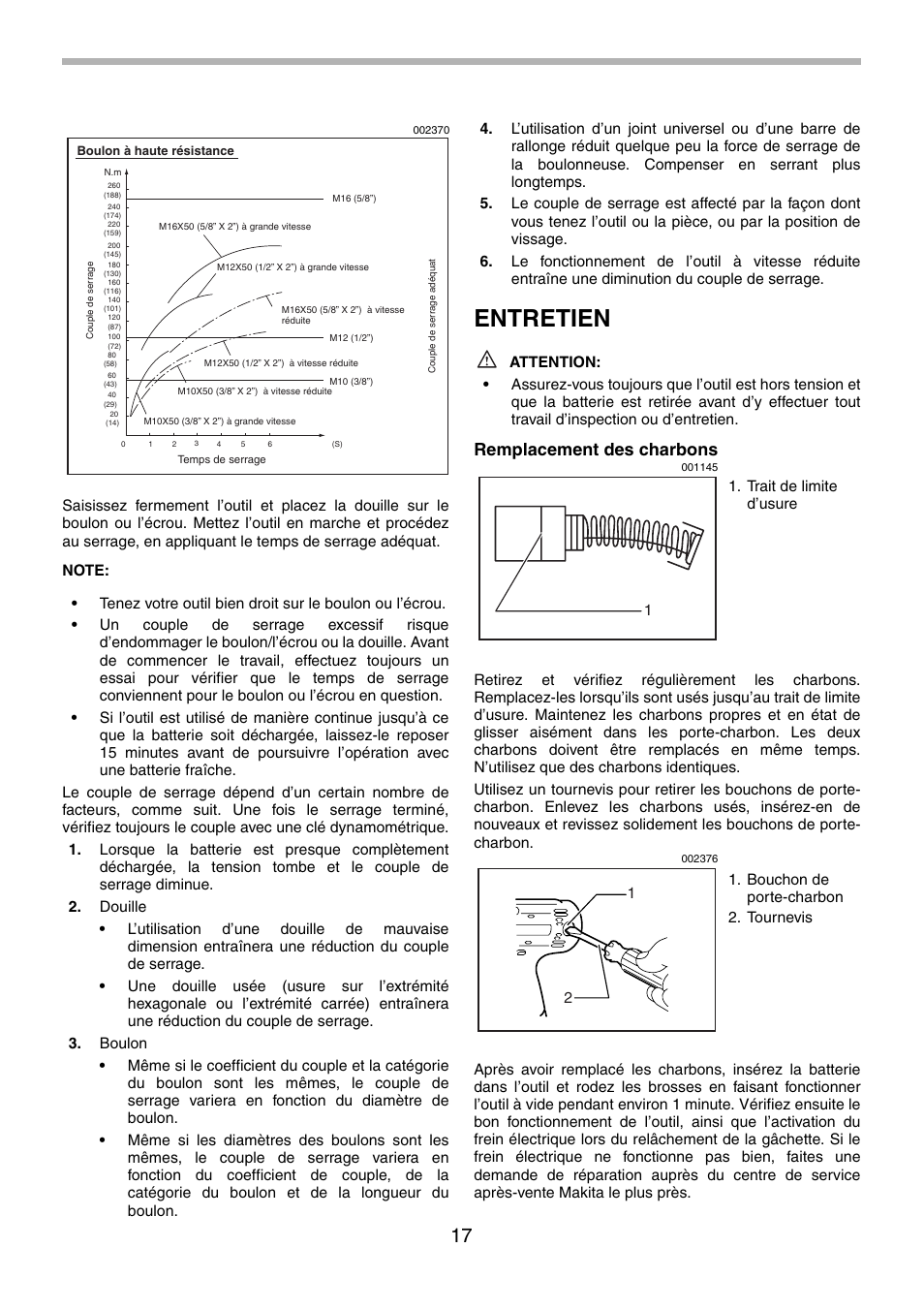 Entretien, Remplacement des charbons | Makita BTW200 User Manual | Page 17 / 28