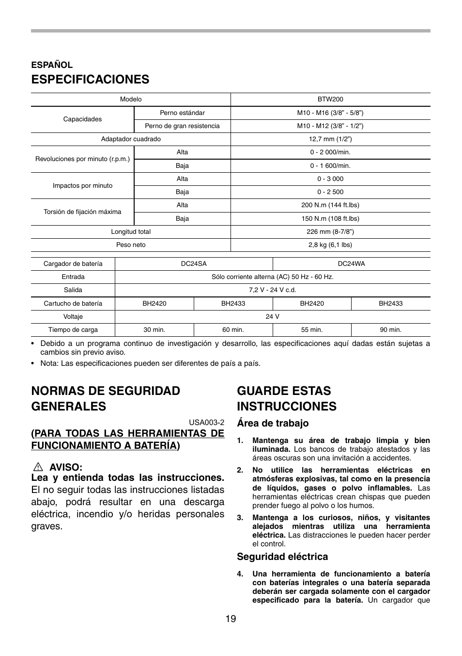 Especificaciones, Normas de seguridad generales, Guarde estas instrucciones | Área de trabajo, Seguridad eléctrica, Español | Makita BTW200 User Manual | Page 19 / 28