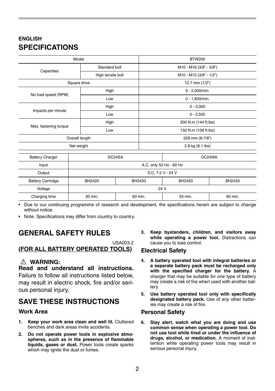 Specifications, General safety rules, Save these instructions | Work area, Electrical safety, Personal safety | Makita BTW200 User Manual | Page 2 / 28