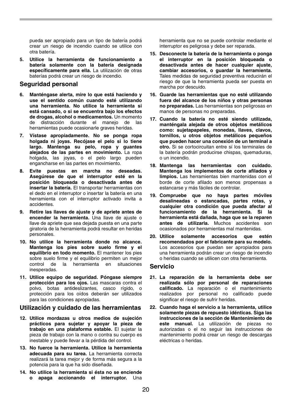 Seguridad personal, Utilización y cuidado de las herramientas, Servicio | Makita BTW200 User Manual | Page 20 / 28