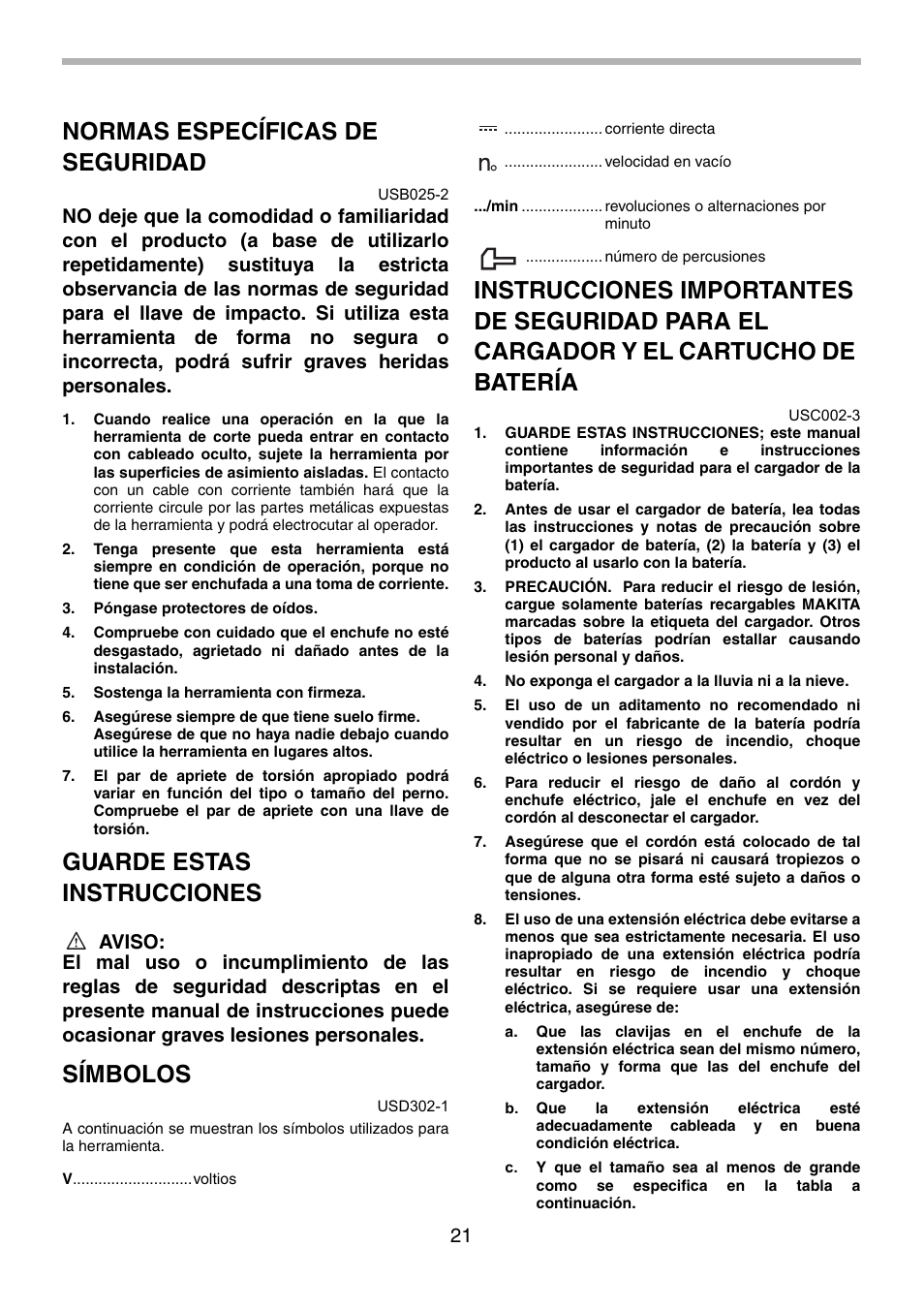 Normas específicas de seguridad, Guarde estas instrucciones, Símbolos | Makita BTW200 User Manual | Page 21 / 28