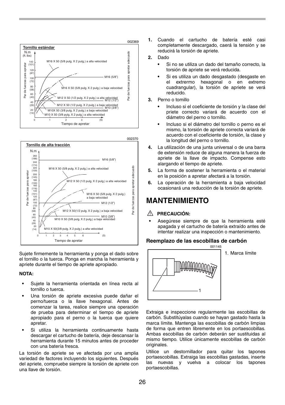 Mantenimiento, Reemplazo de las escobillas de carbón, Marca límite 1 | Makita BTW200 User Manual | Page 26 / 28