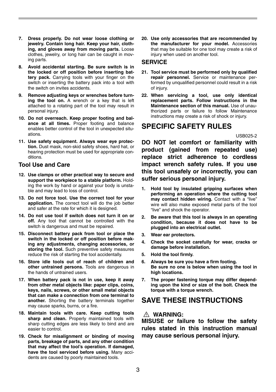 Specific safety rules, Save these instructions, Tool use and care | Service | Makita BTW200 User Manual | Page 3 / 28