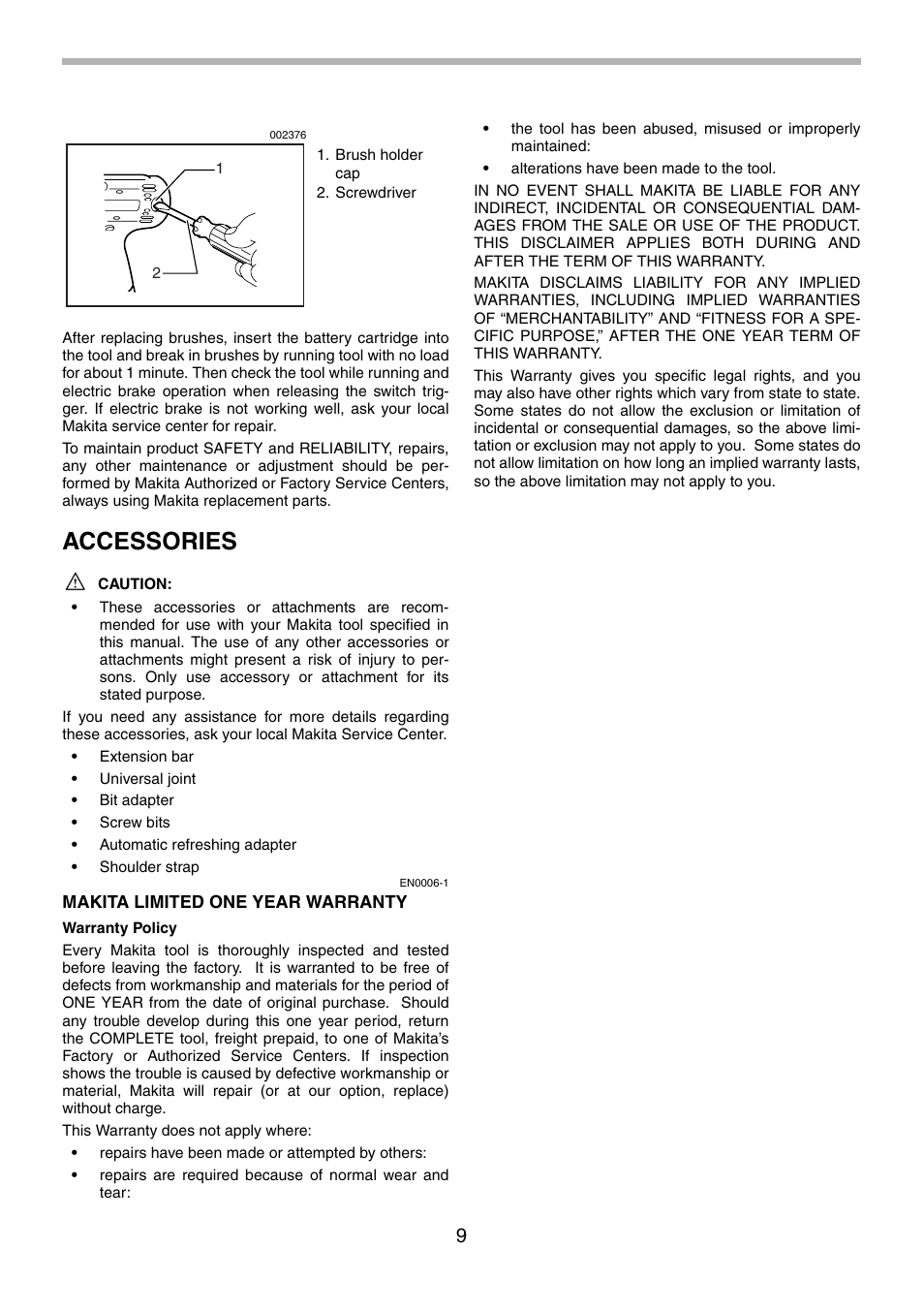 Accessories | Makita BTW200 User Manual | Page 9 / 28