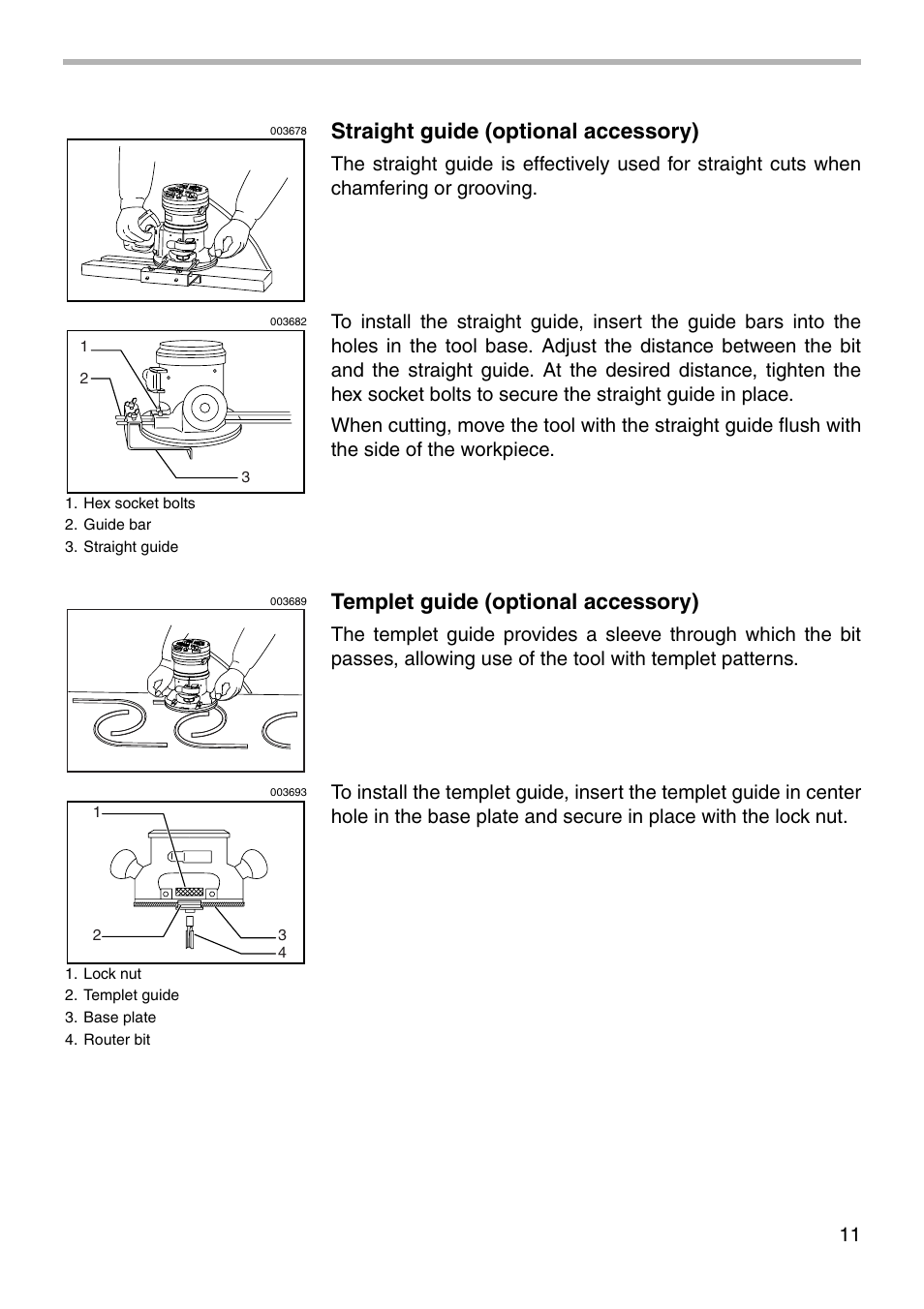 Straight guide (optional accessory), Templet guide (optional accessory) | Makita Router RF1101 User Manual | Page 11 / 20