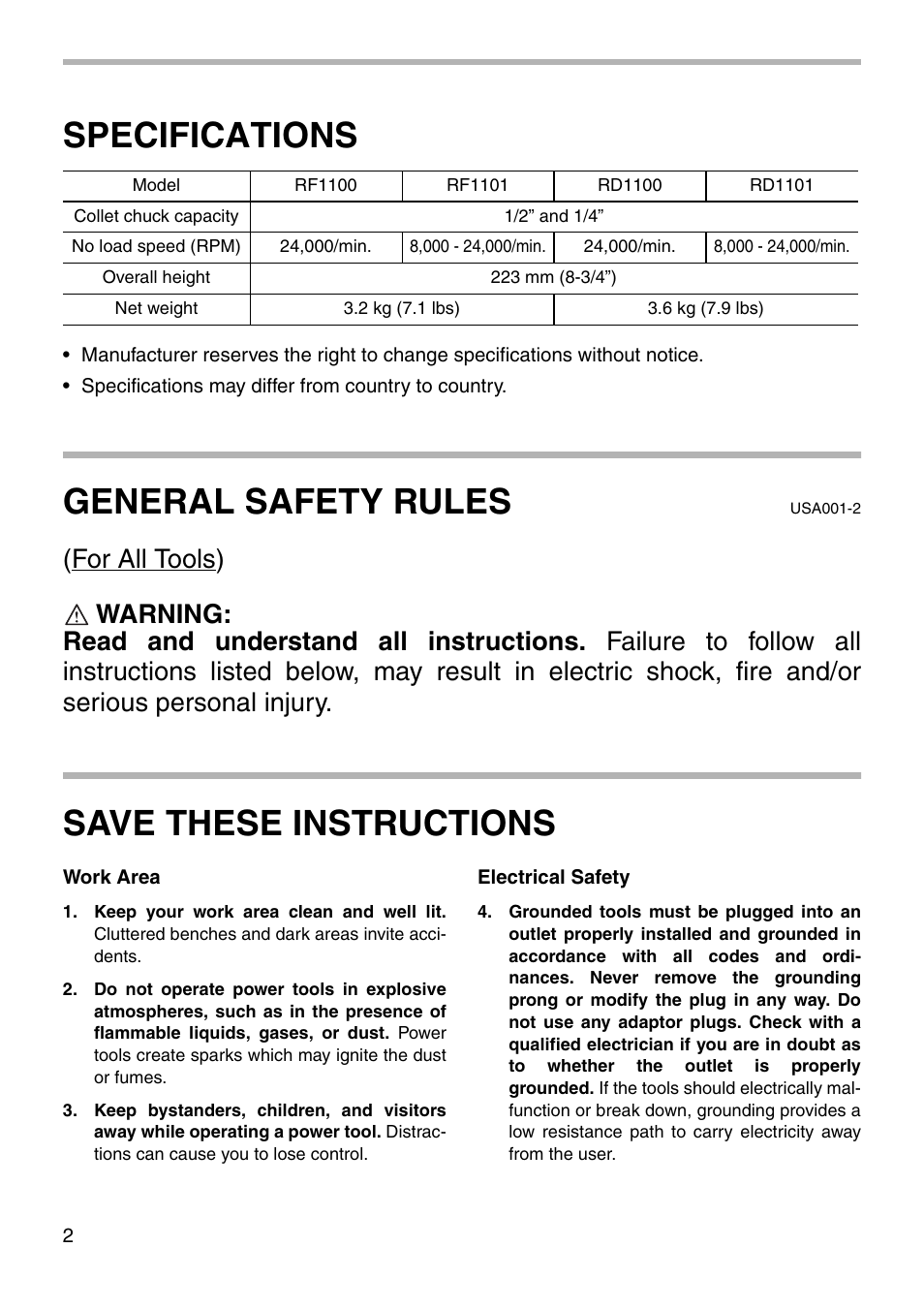 Specifications, General safety rules, Save these instructions | Makita Router RF1101 User Manual | Page 2 / 20