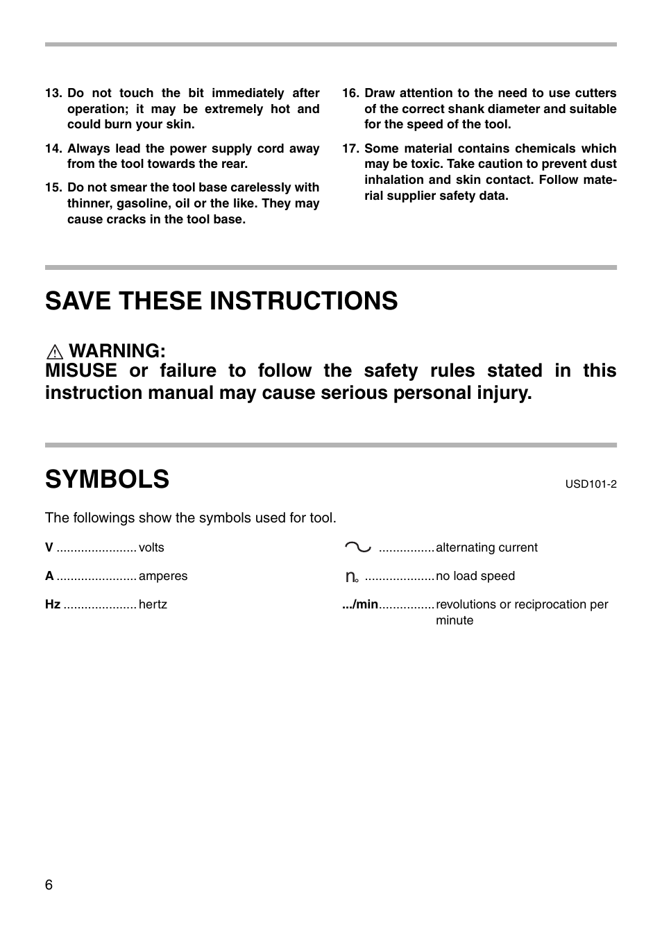 Save these instructions, Symbols | Makita Router RF1101 User Manual | Page 6 / 20