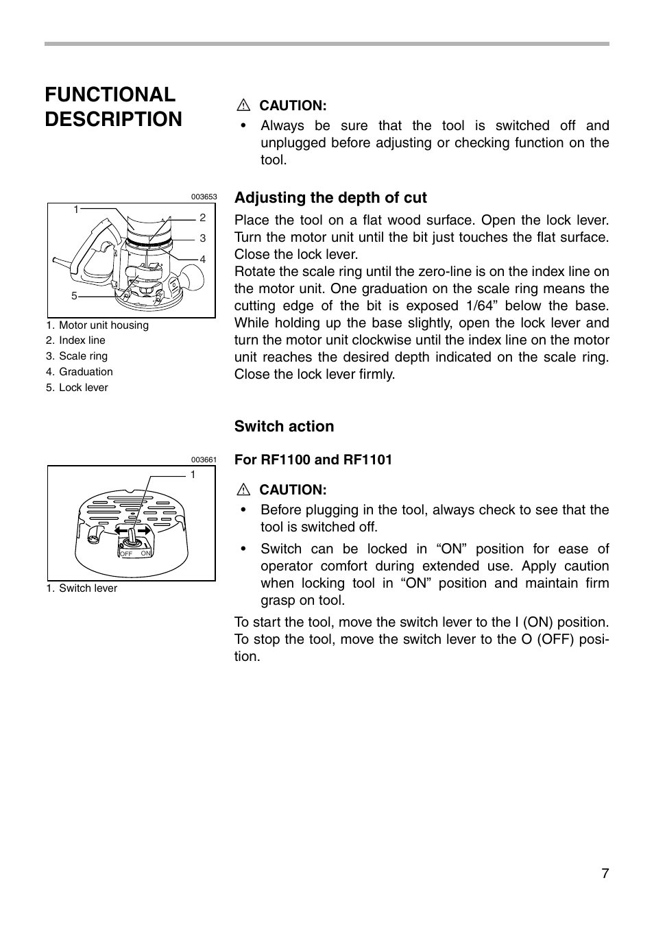 Functional description, Adjusting the depth of cut, Switch action | Makita Router RF1101 User Manual | Page 7 / 20
