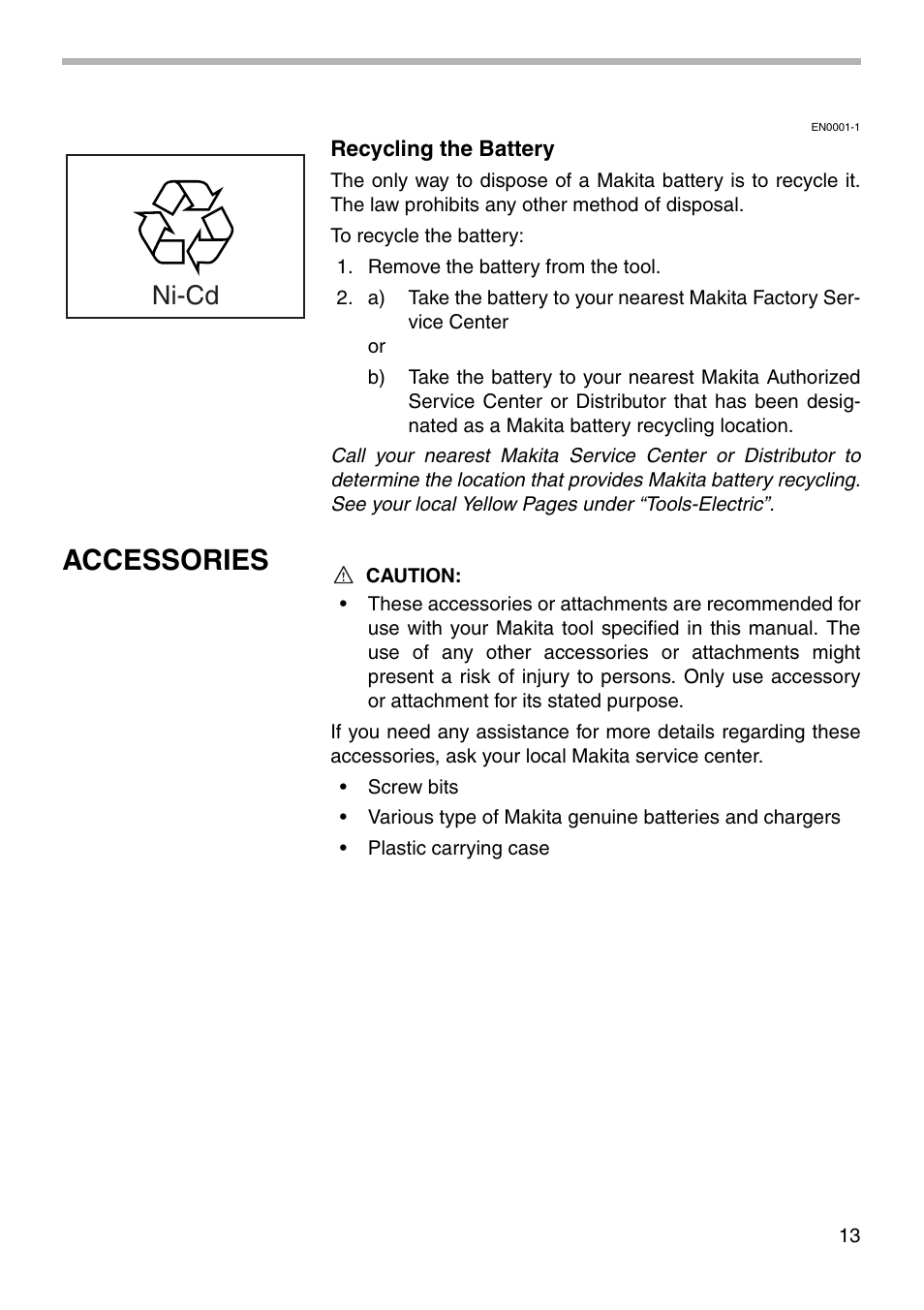 Accessories, Ni-cd | Makita 6914D User Manual | Page 13 / 20
