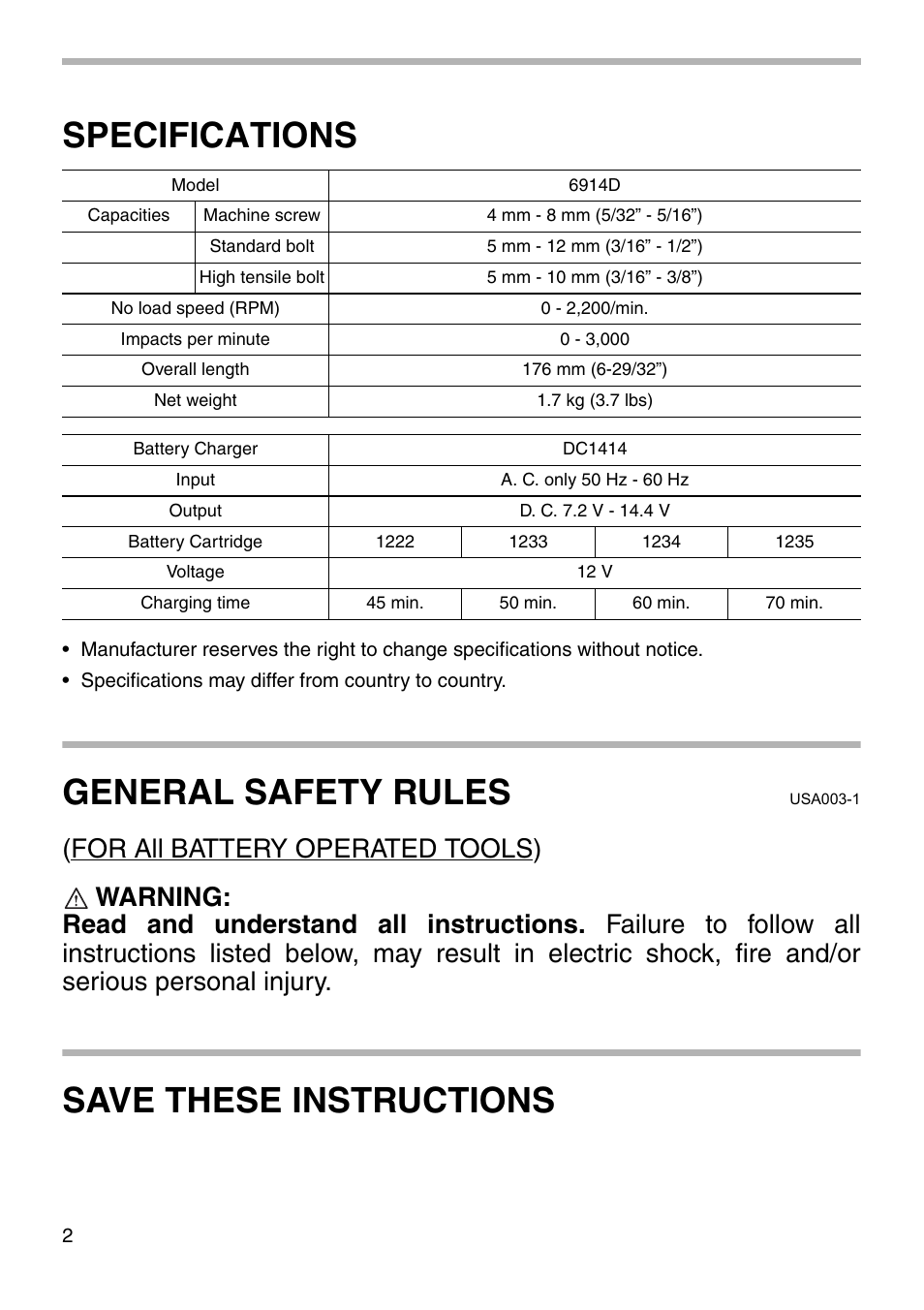 Specifications, General safety rules, Save these instructions | Makita 6914D User Manual | Page 2 / 20