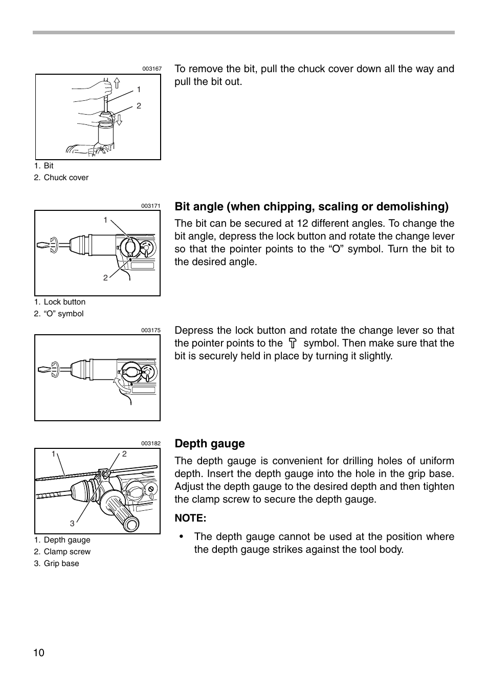 Bit angle (when chipping, scaling or demolishing), Depth gauge | Makita HR3000C User Manual | Page 10 / 20