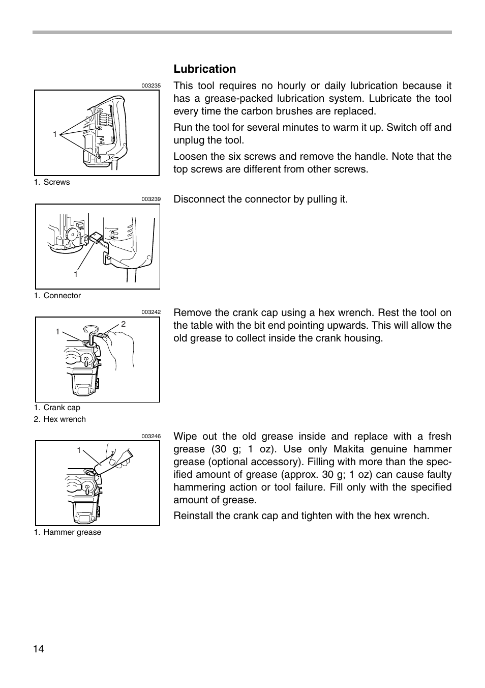 Lubrication | Makita HR3000C User Manual | Page 14 / 20