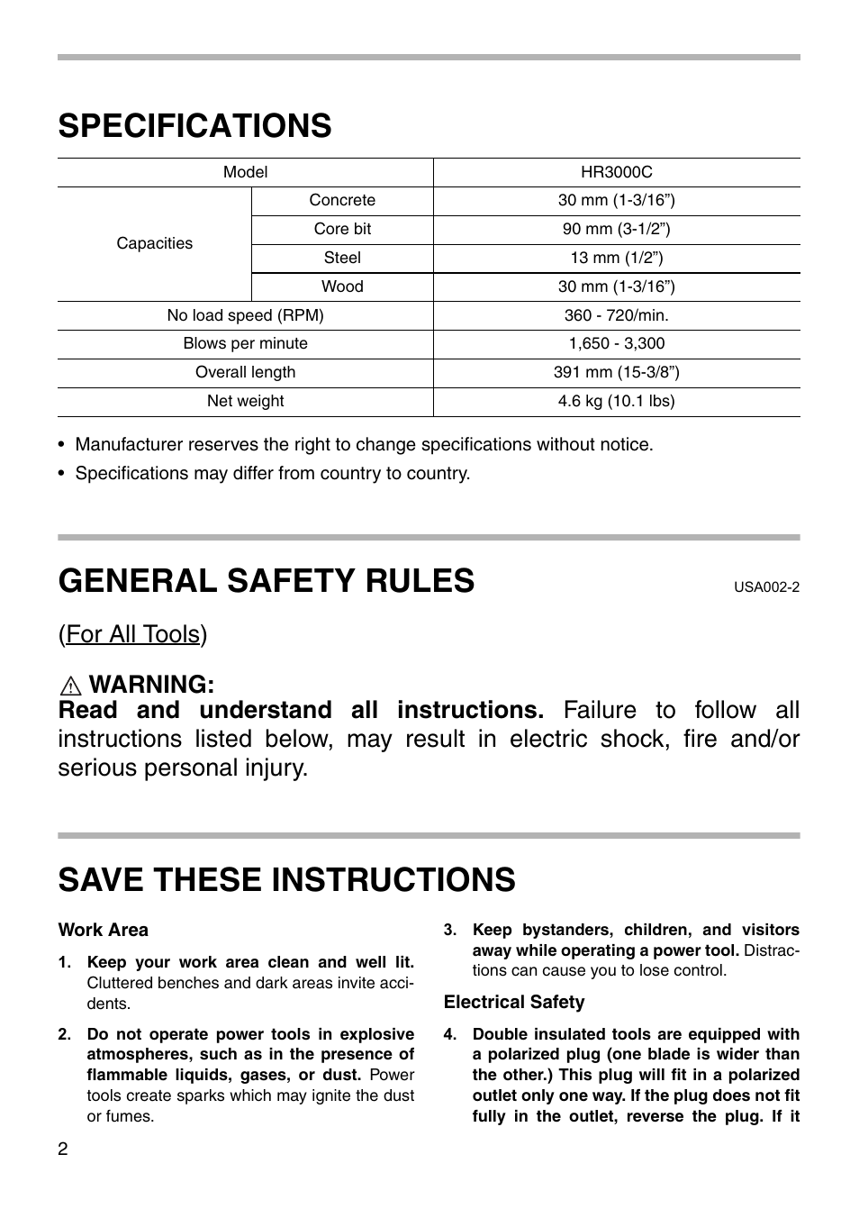 Specifications, General safety rules, Save these instructions | Makita HR3000C User Manual | Page 2 / 20