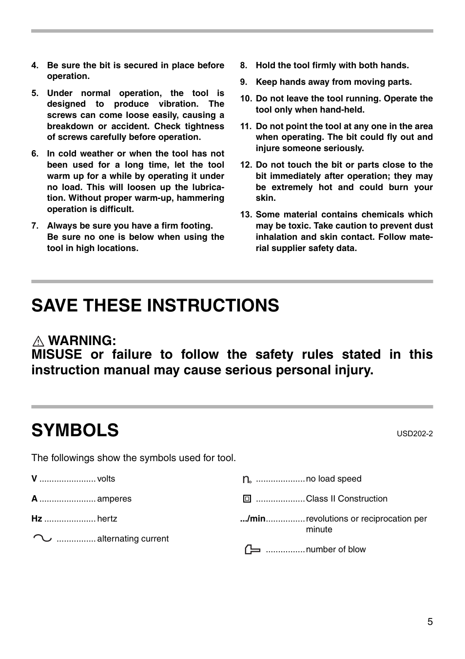 Save these instructions, Symbols | Makita HR3000C User Manual | Page 5 / 20