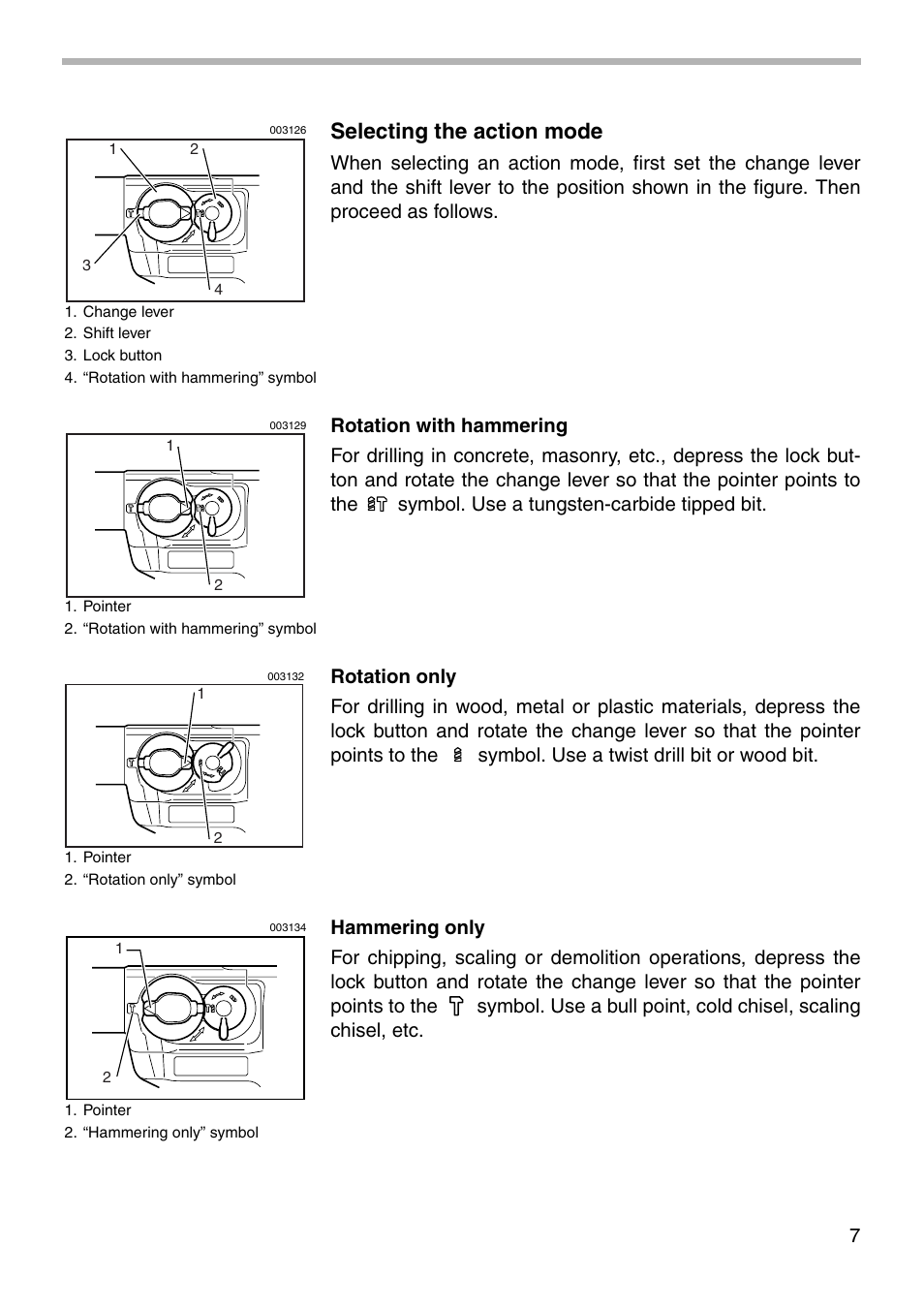 Selecting the action mode | Makita HR3000C User Manual | Page 7 / 20