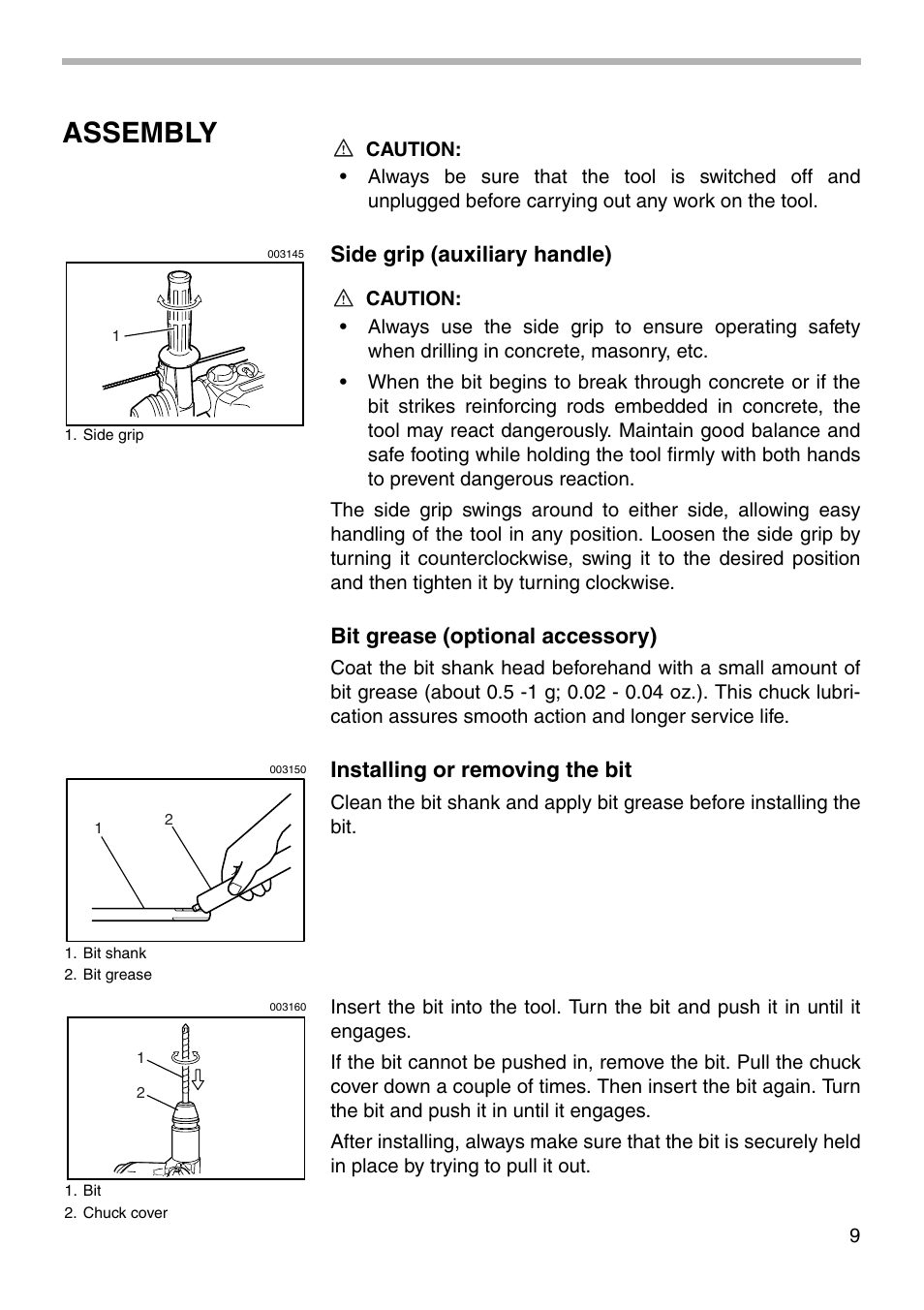 Assembly, Side grip (auxiliary handle), Bit grease (optional accessory) | Installing or removing the bit | Makita HR3000C User Manual | Page 9 / 20