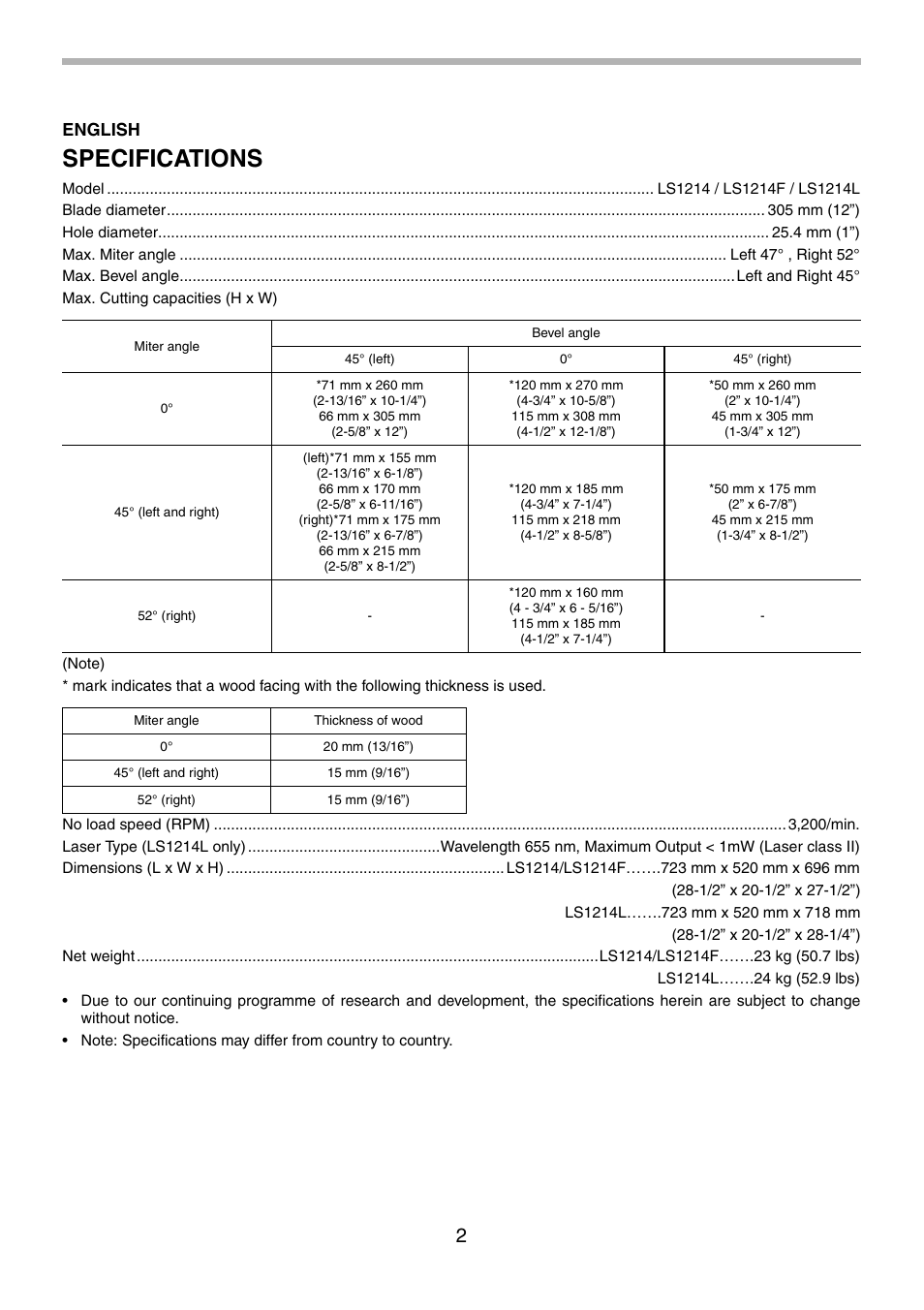 Specifications, English | Makita LS1214F User Manual | Page 2 / 76