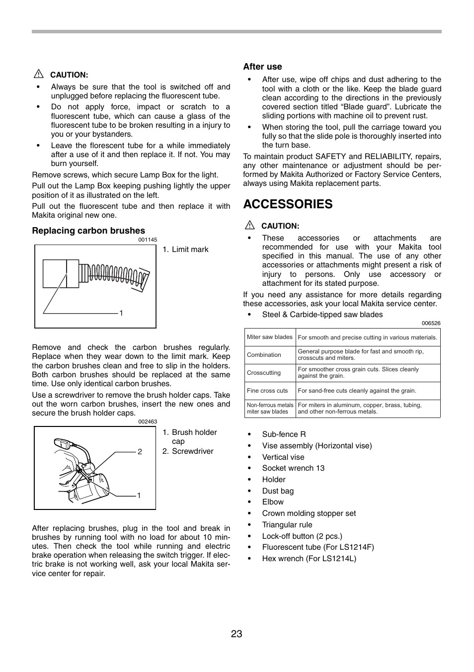 Accessories | Makita LS1214F User Manual | Page 23 / 76