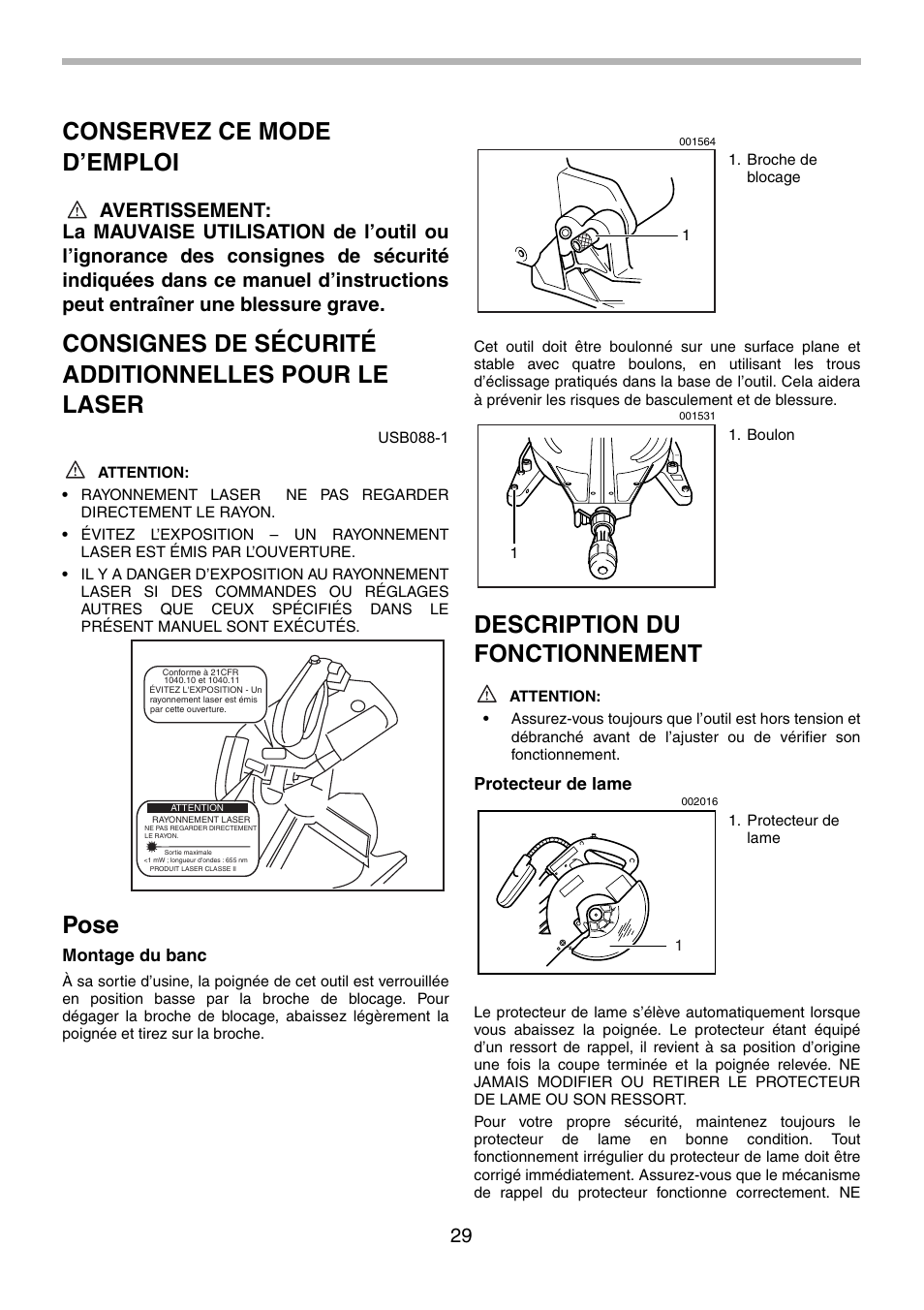 Conservez ce mode d’emploi, Consignes de sécurité additionnelles pour le laser, Pose | Description du fonctionnement, Montage du banc, Protecteur de lame | Makita LS1214F User Manual | Page 29 / 76