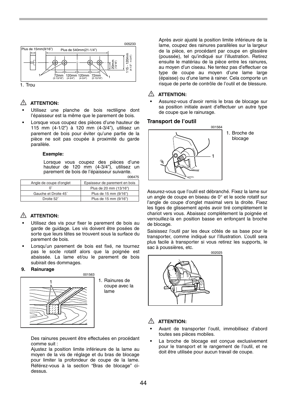 Transport de l’outil | Makita LS1214F User Manual | Page 44 / 76