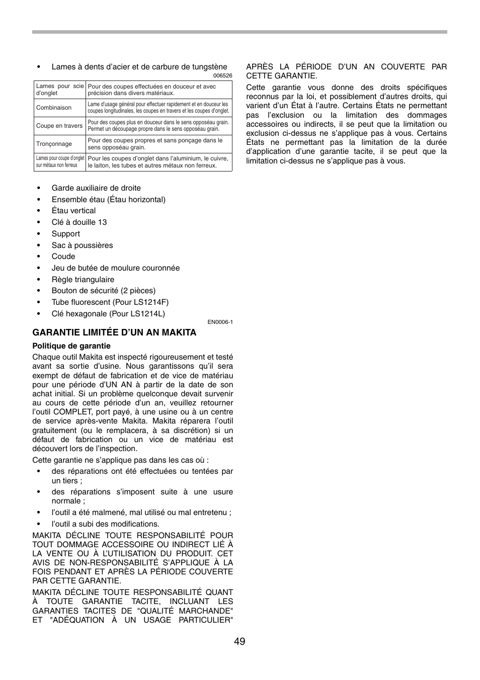 Garantie limitée d’un an makita | Makita LS1214F User Manual | Page 49 / 76