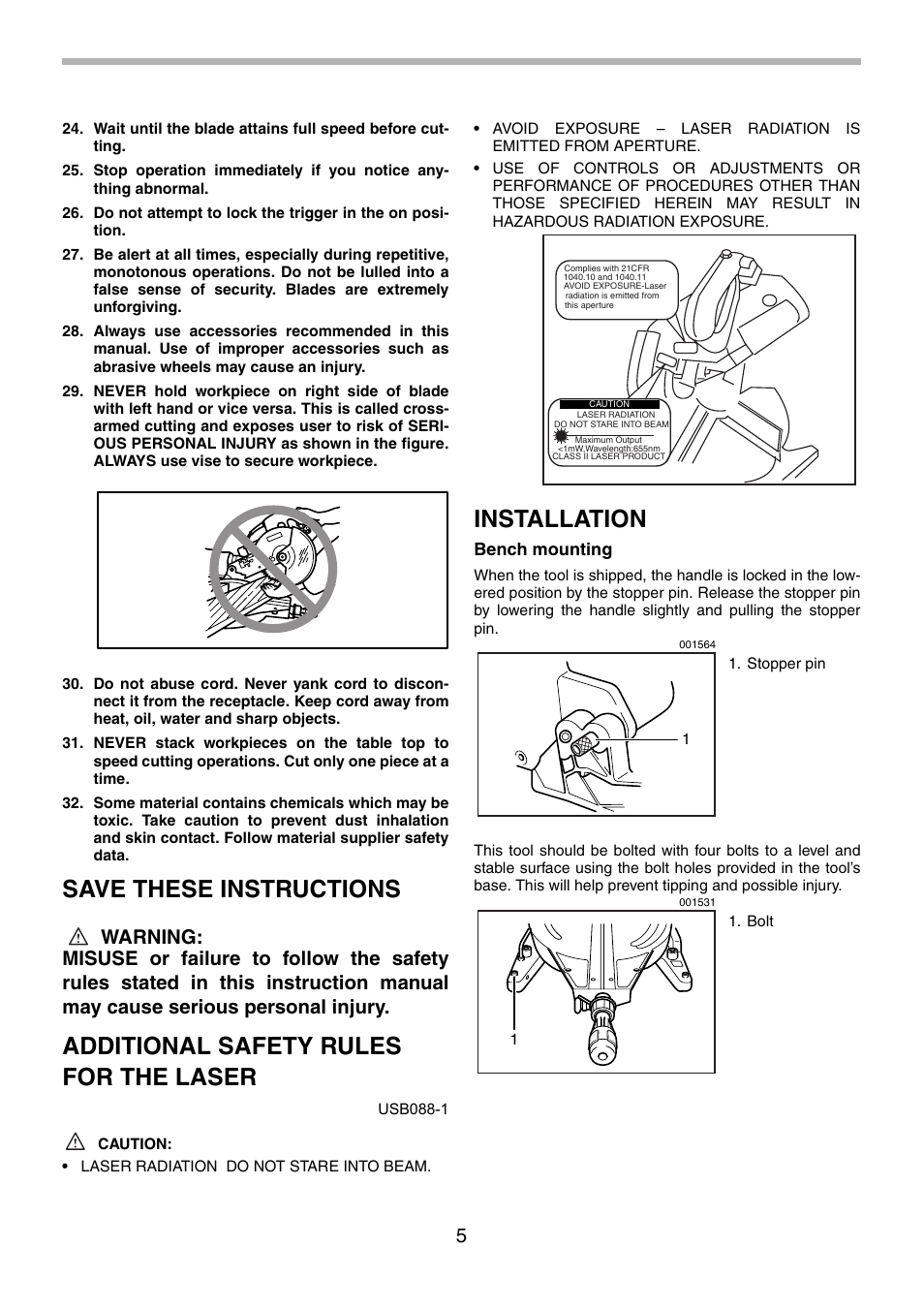 Save these instructions, Additional safety rules for the laser, Installation | Bench mounting | Makita LS1214F User Manual | Page 5 / 76