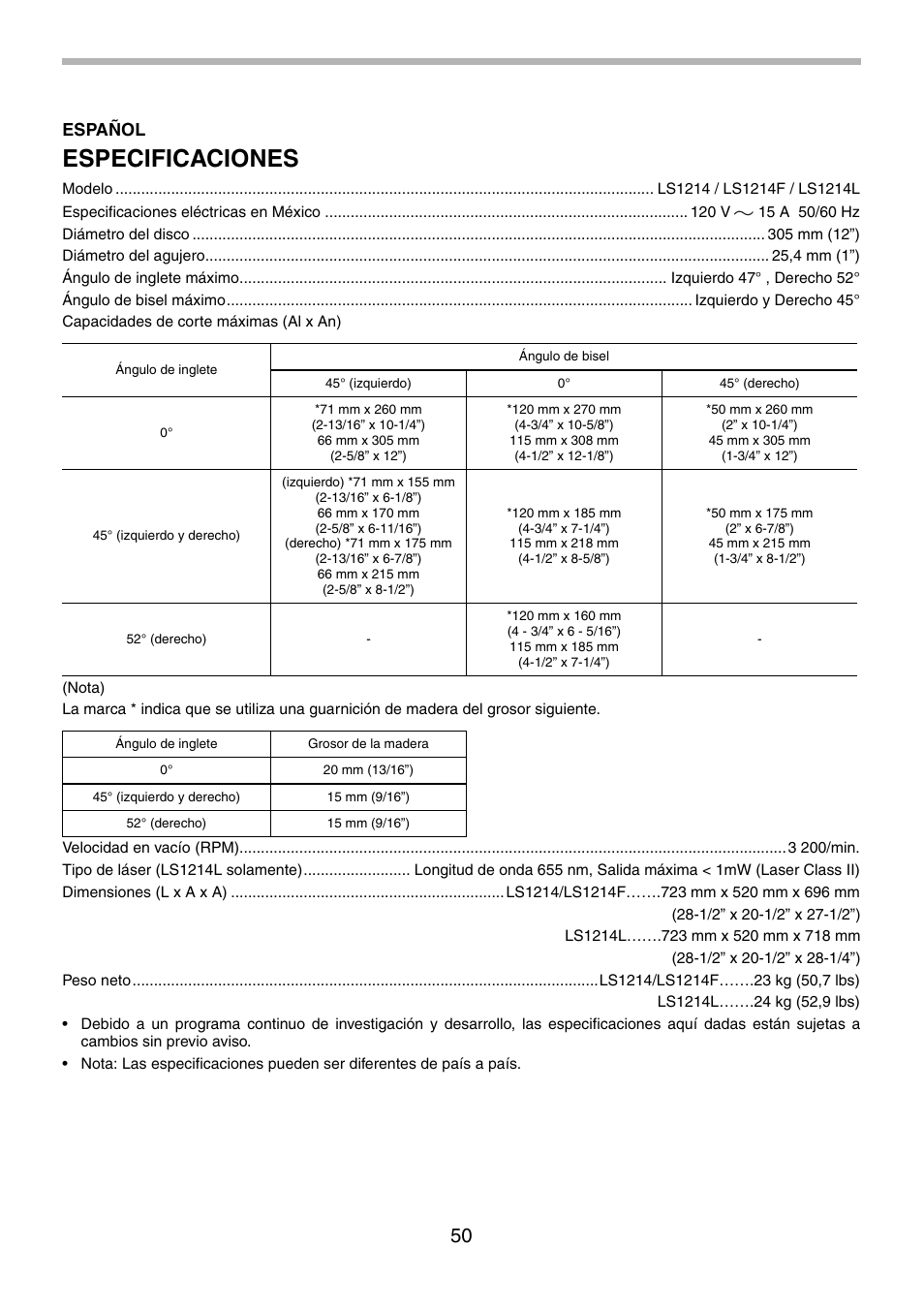 Especificaciones, Español | Makita LS1214F User Manual | Page 50 / 76