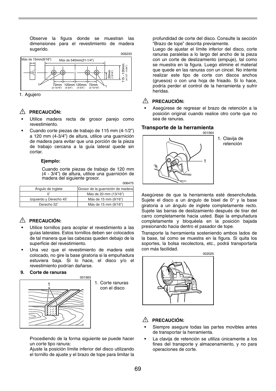 Transporte de la herramienta | Makita LS1214F User Manual | Page 69 / 76