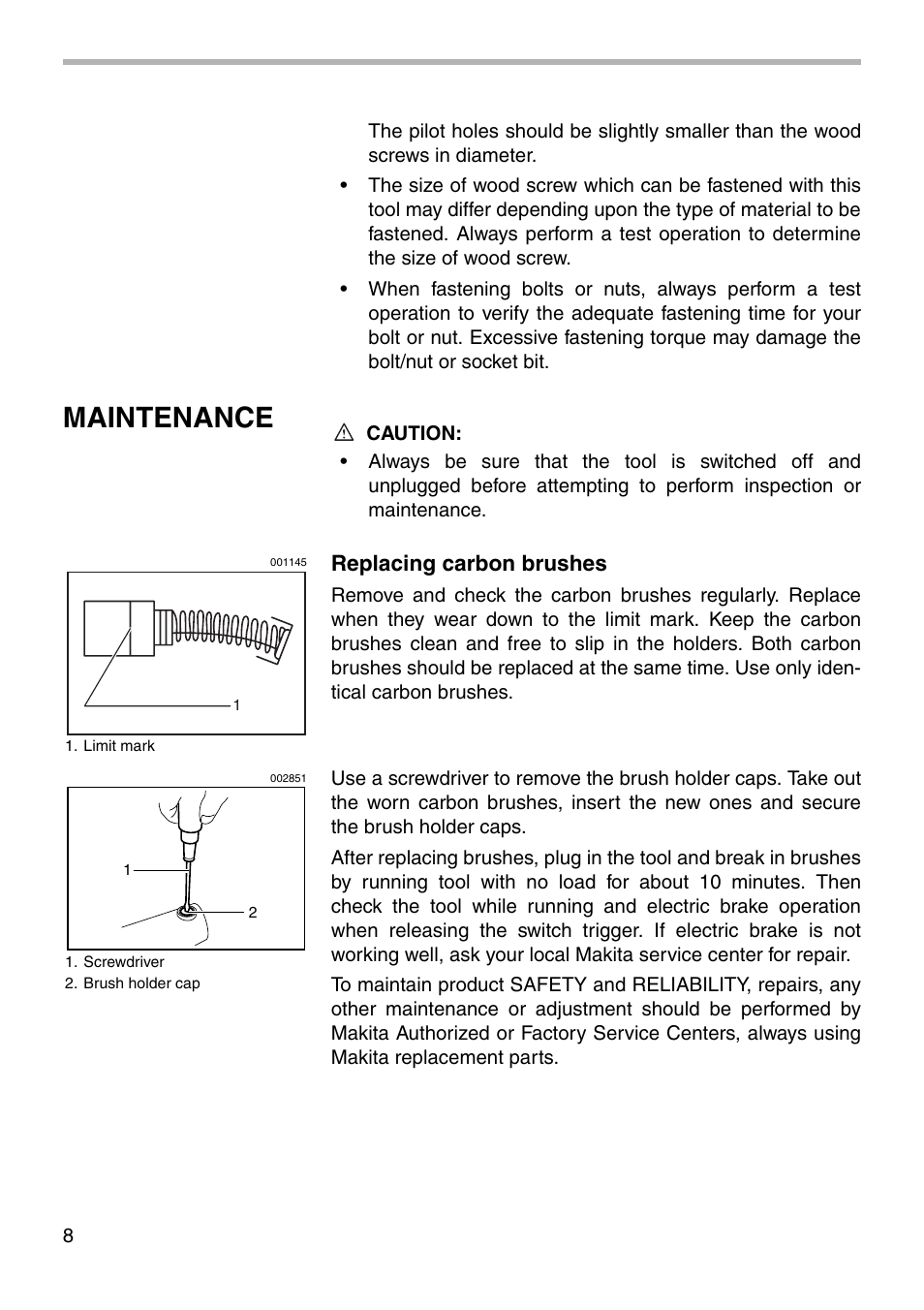 Maintenance, Replacing carbon brushes | Makita 6951 User Manual | Page 8 / 16