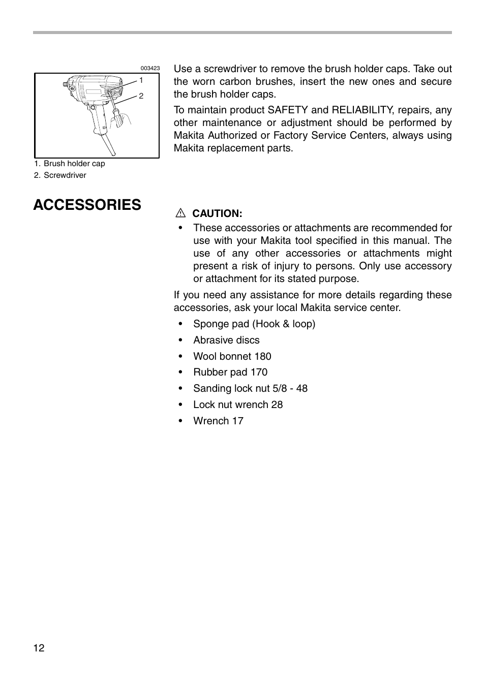 Accessories | Makita Electronic Polisher PV7001C User Manual | Page 12 / 16