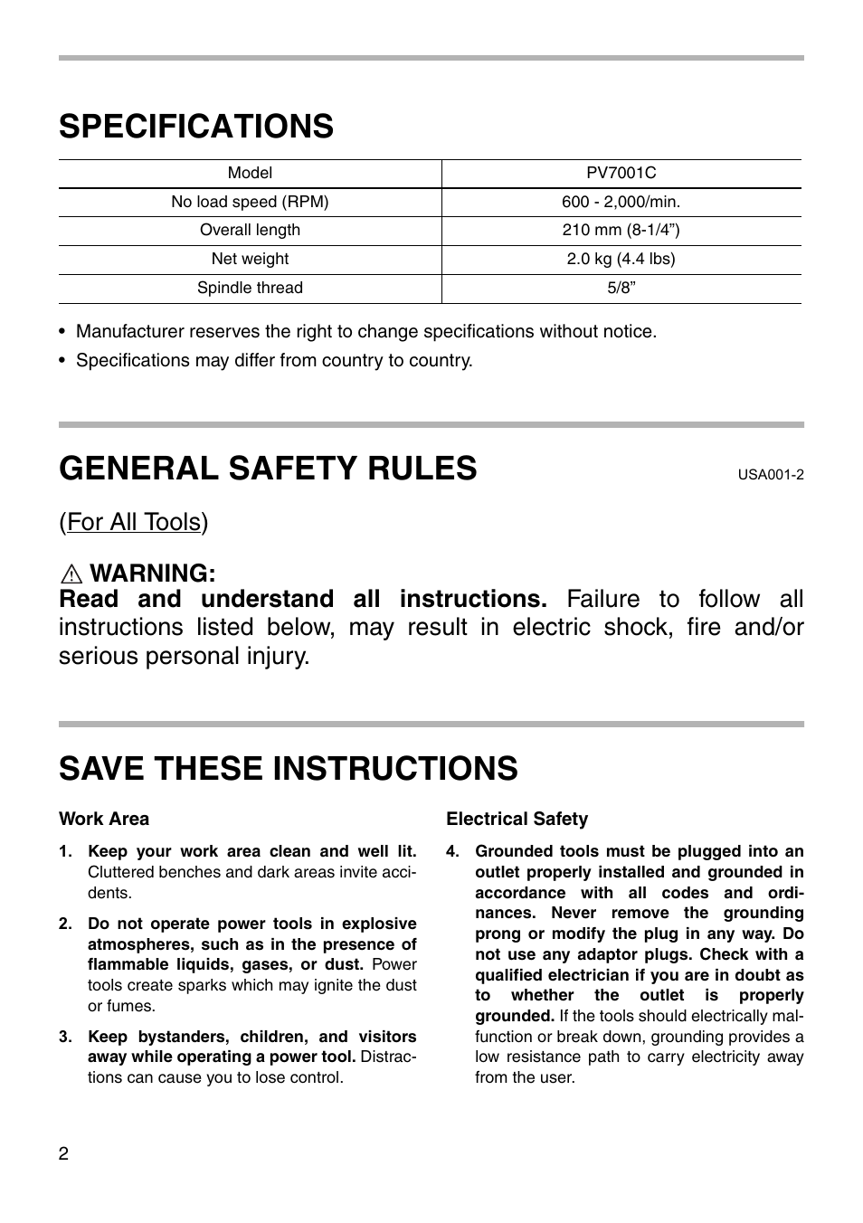 Specifications, General safety rules, Save these instructions | Makita Electronic Polisher PV7001C User Manual | Page 2 / 16