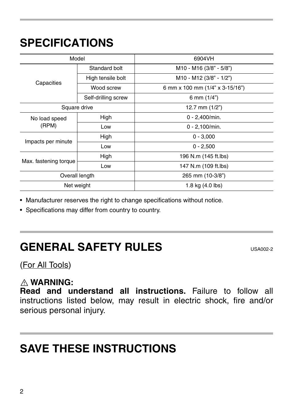 Specifications, General safety rules, Save these instructions | Makita 6904VH User Manual | Page 2 / 16