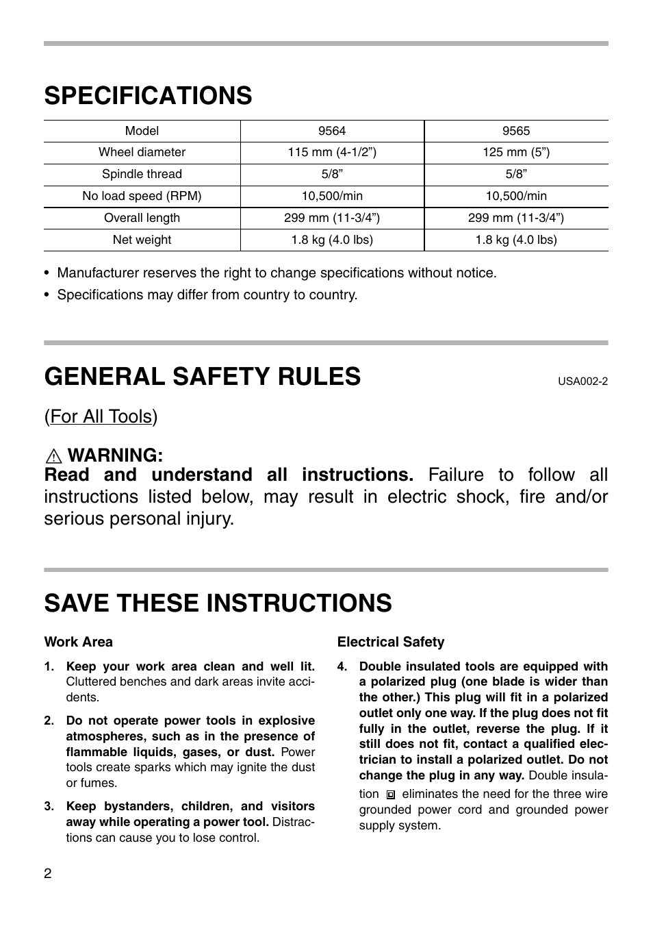 Specifications, General safety rules, Save these instructions | Makita 9565 User Manual | Page 2 / 16