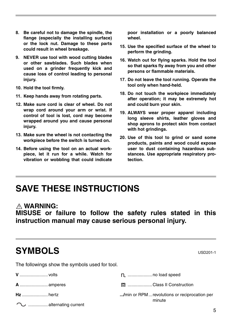 Save these instructions, Symbols | Makita 9565 User Manual | Page 5 / 16