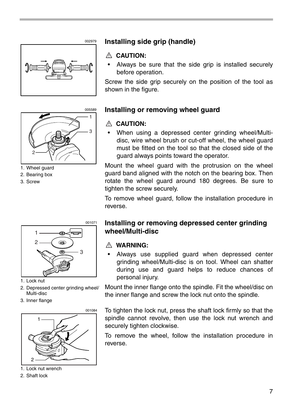 Installing side grip (handle), Installing or removing wheel guard | Makita 9565 User Manual | Page 7 / 16