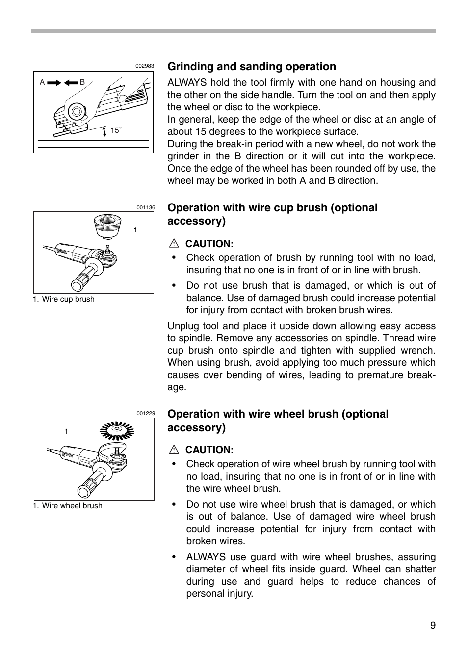Grinding and sanding operation, Operation with wire cup brush (optional accessory) | Makita 9565 User Manual | Page 9 / 16