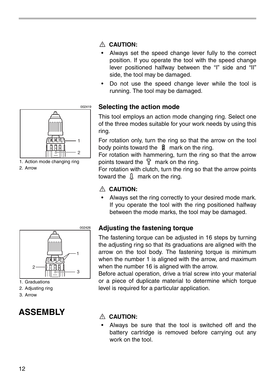 Assembly, Selecting the action mode, Adjusting the fastening torque | Makita BDF460 User Manual | Page 12 / 24