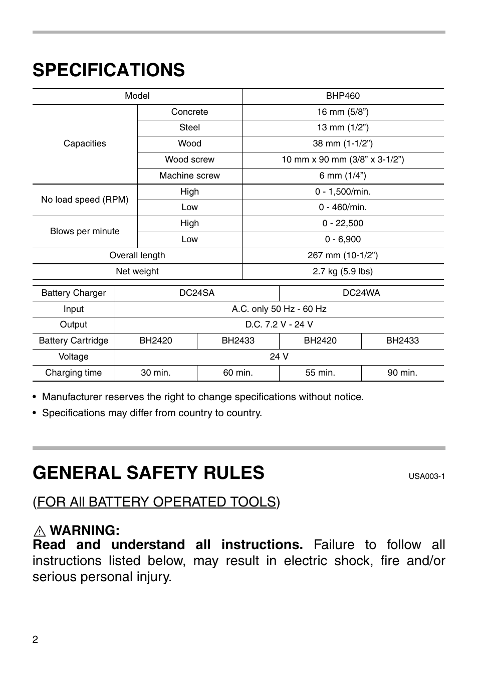 Specifications, General safety rules | Makita BDF460 User Manual | Page 2 / 24