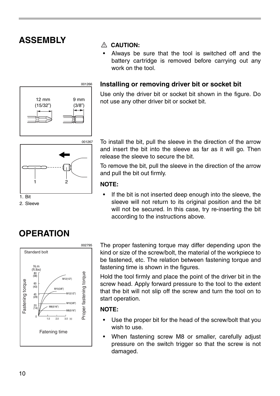 Assembly, Operation, Installing or removing driver bit or socket bit | Makita 6916FD User Manual | Page 10 / 20