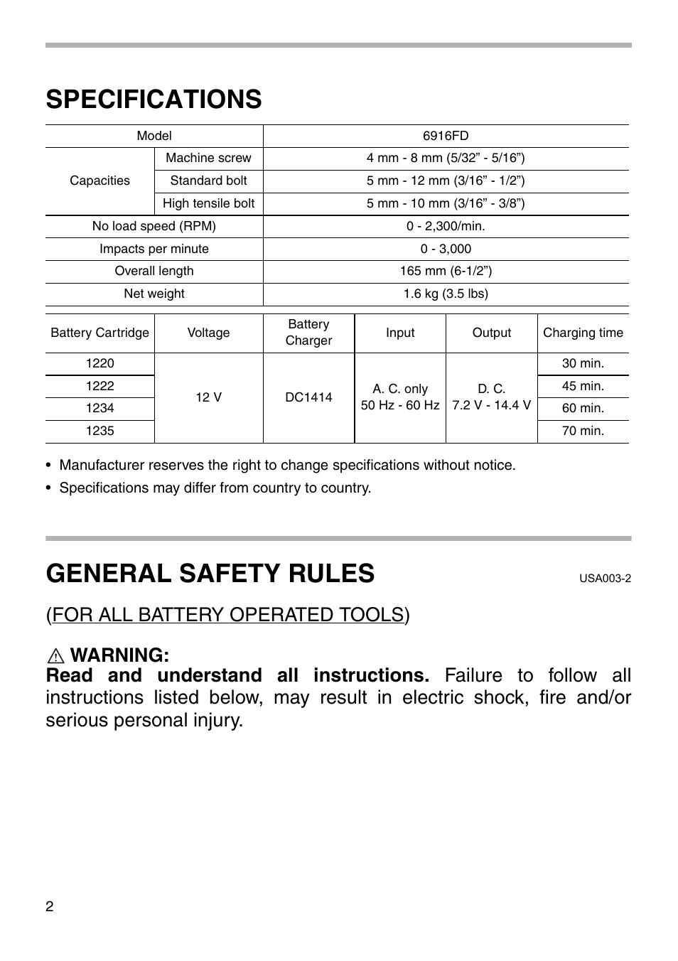 Specifications, General safety rules | Makita 6916FD User Manual | Page 2 / 20