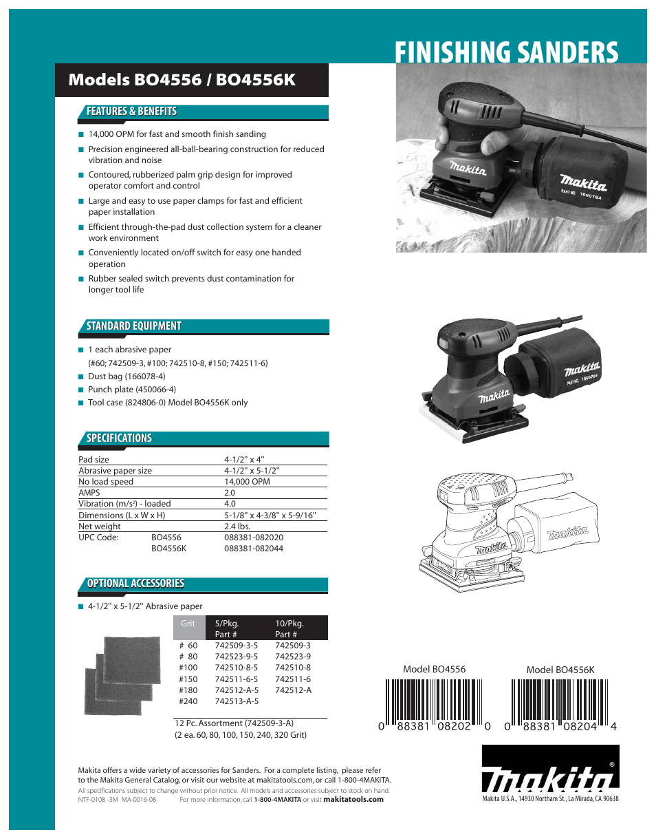 Finishing sanders, Features & benefits, Optional accessories | Makita BO4556K User Manual | Page 2 / 2