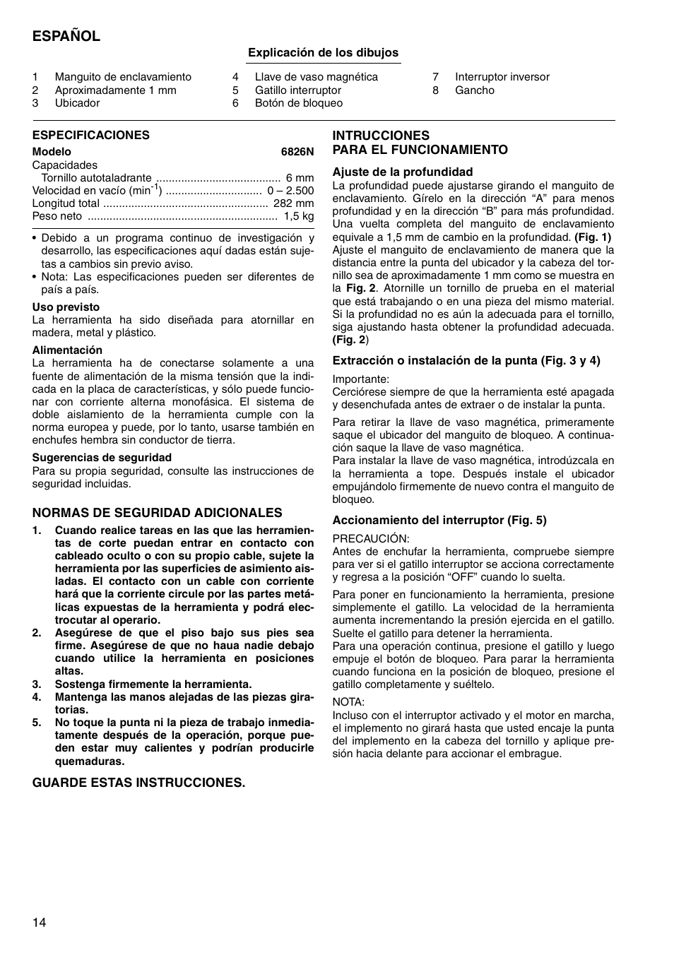 Español | Makita Screw Driver 6826N User Manual | Page 14 / 32