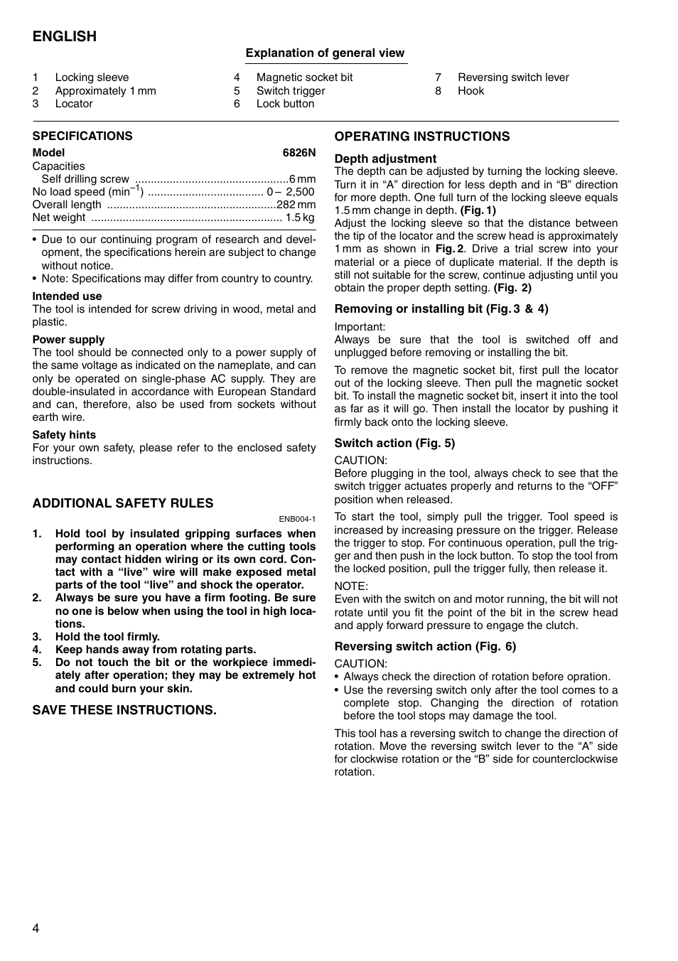 English | Makita Screw Driver 6826N User Manual | Page 4 / 32