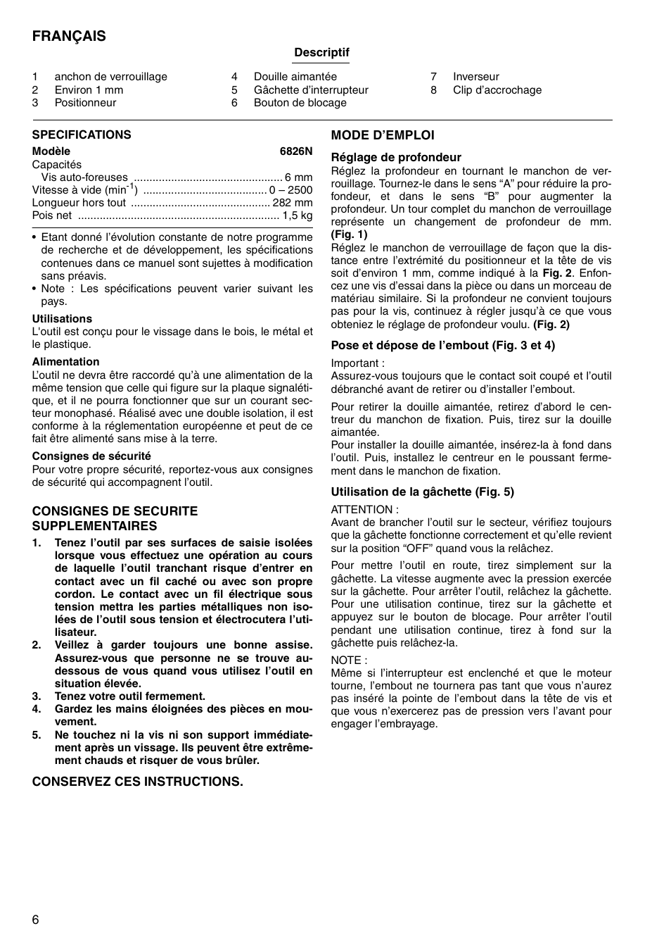 Français | Makita Screw Driver 6826N User Manual | Page 6 / 32