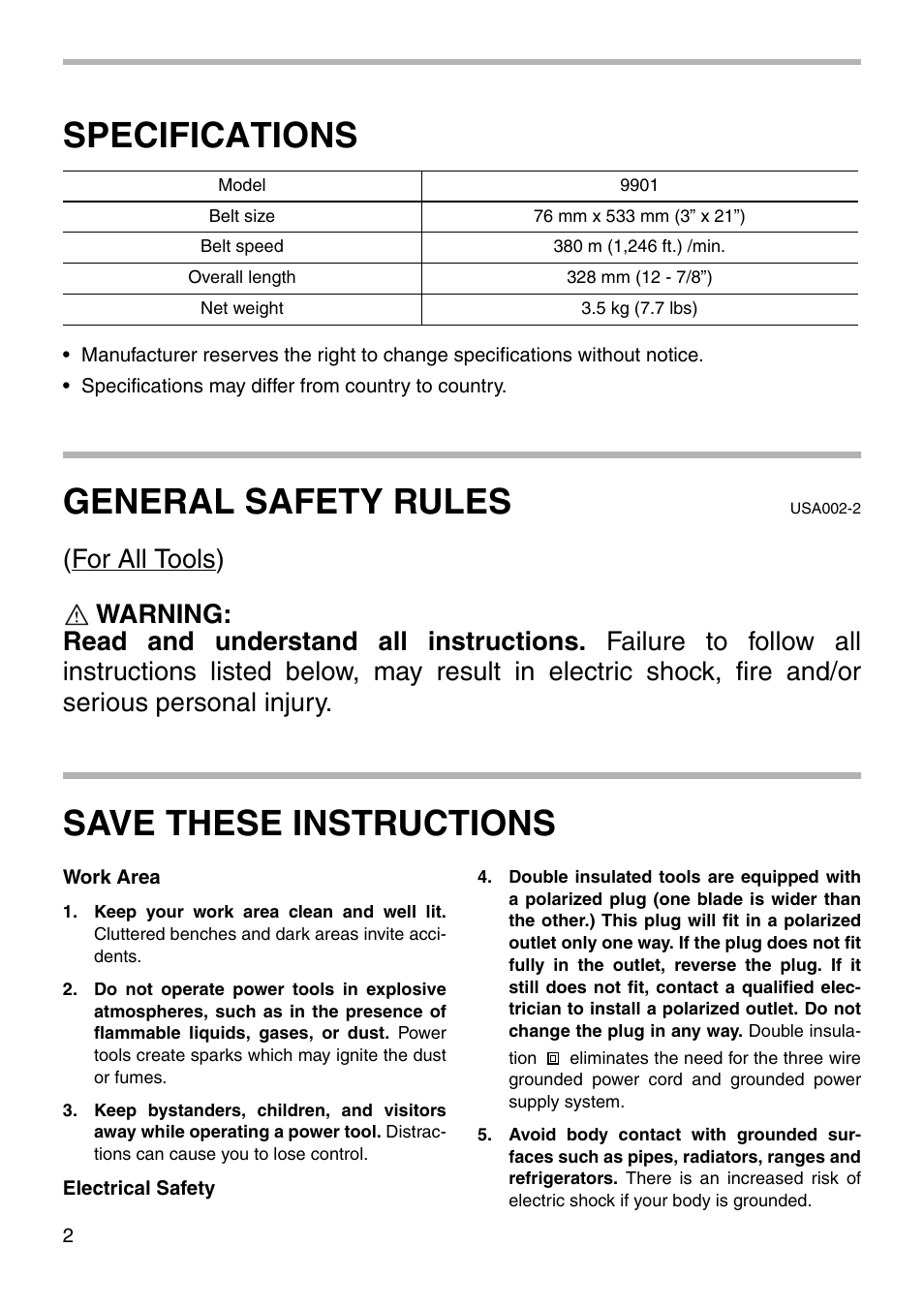 Specifications, General safety rules, Save these instructions | Makita 9901 003360 User Manual | Page 2 / 12